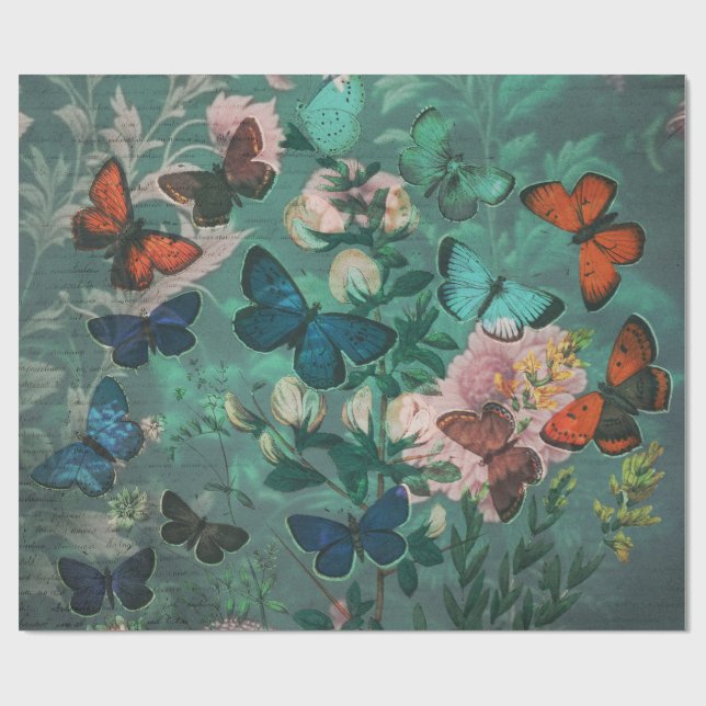 Vintage Butterflies & Flowers Blue  Wrapping Paper (Flat)