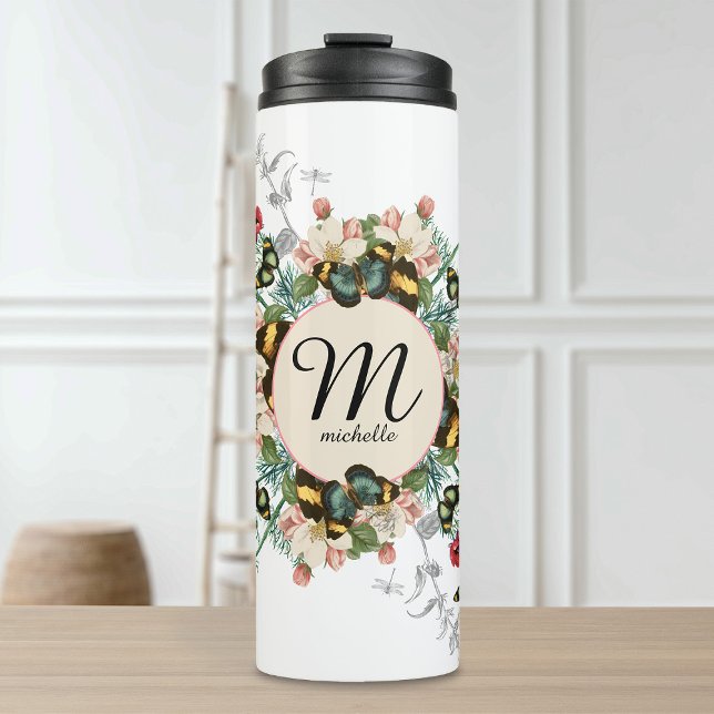 Vintage Butterflies Monogram Ephemera Custom Thermal Tumbler (Vintage Butterflies Monogram Ephemera Custom Thermal Tumbler)