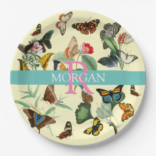 Vintage Butterflies, Monogram & Name, Pale Yellow Paper Plate