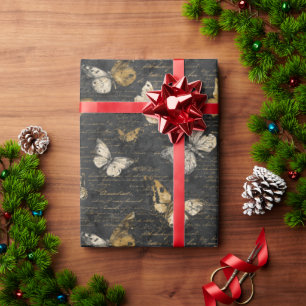 Vintage Butterflies on Vintage Handwriting Wrapping Paper