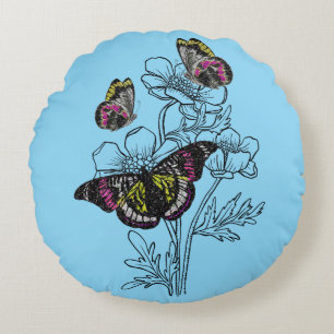 Vintage butterfly , aesthetic flowers round cushion