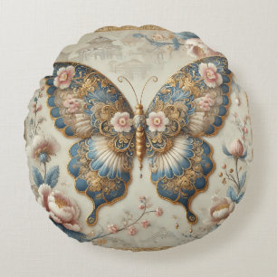 Vintage Butterfly and Floral Chinoiserie Art Round Cushion