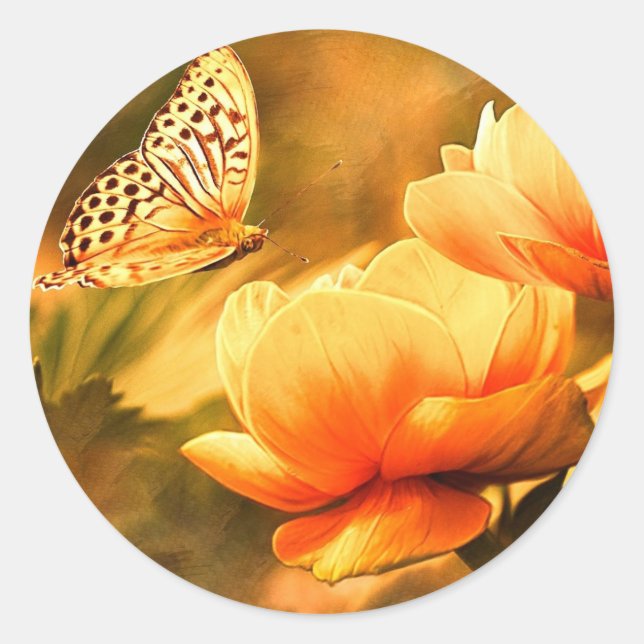 Vintage Butterfly And Flowers Classic Round Sticker (Front)