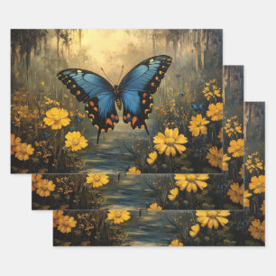 Vintage Butterfly and Yellow Flowers Decoupage Wrapping Paper Sheet