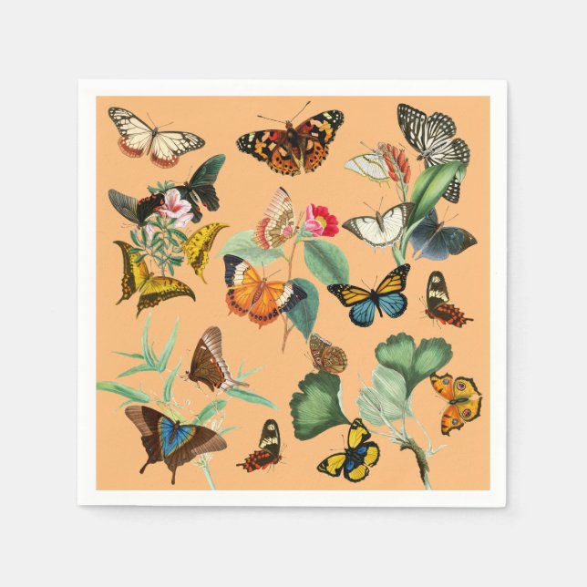 Vintage Butterfly Art, Yellow Orange Background Napkin (Front)