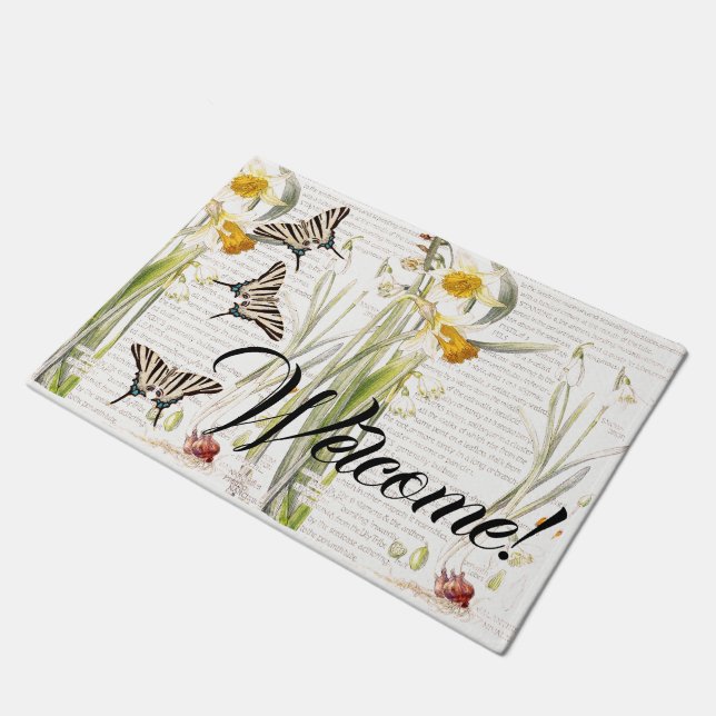 Vintage Butterfly Daffodil Flowers Welcome Doormat (Angled)