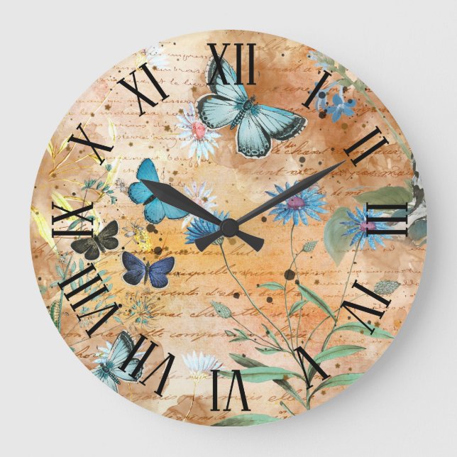 Vintage Butterfly Ephemera Decoupage Large Clock (Front)