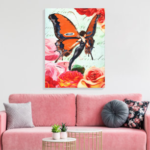 Vintage Butterfly Fairy Girl Pink Rose Floral Art Canvas Print