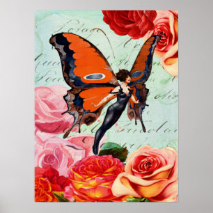 Vintage Butterfly Fairy Girl Pink Rose Floral Art Poster