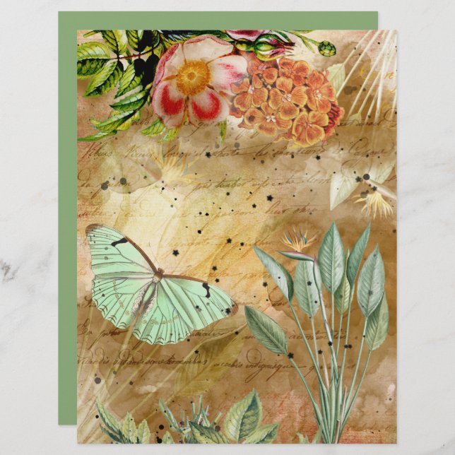 Vintage Butterfly Flowers Foliage Scrapbook Paper (Front/Back)