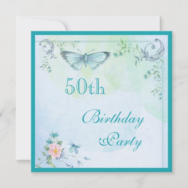 Vintage Butterfly, Flowers & Swirls 50th Birthday Invitation (Front)
