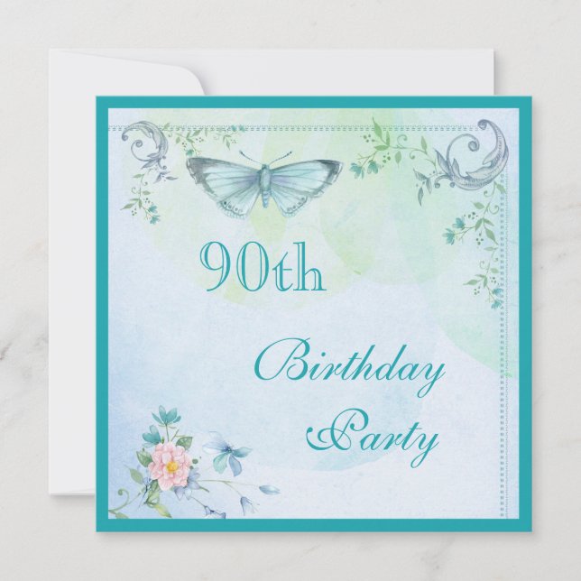 Vintage Butterfly, Flowers & Swirls 90th Birthday Invitation (Front)