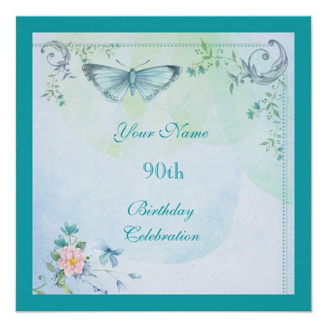 Vintage Butterfly, Flowers & Swirls 90th Birthday Poster (Front)