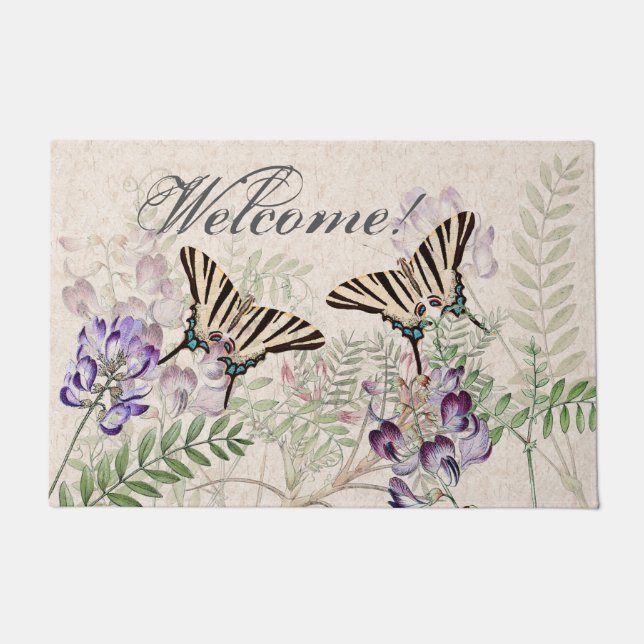 Vintage Butterfly Flowers Welcome Doormat (Front)