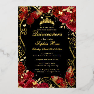Vintage Butterfly Gold Red Floral Quinceanera