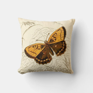 Vintage Butterfly Illustration, Gold and Brown Cushion