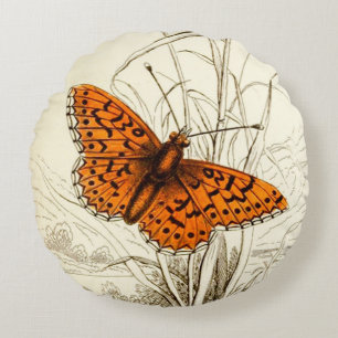 Vintage Butterfly Illustration, Orange and Black Round Cushion