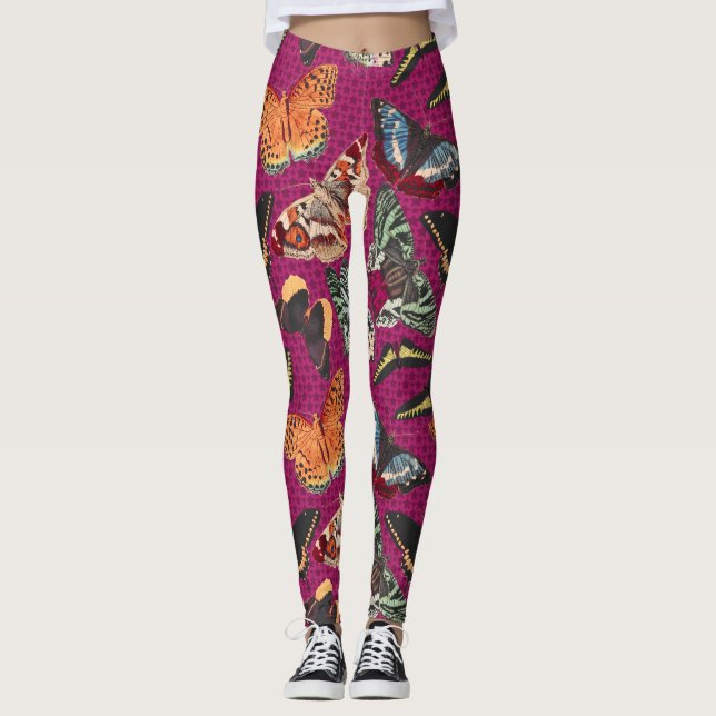 Vintage Butterfly Illustration Purple Background Leggings (Front)
