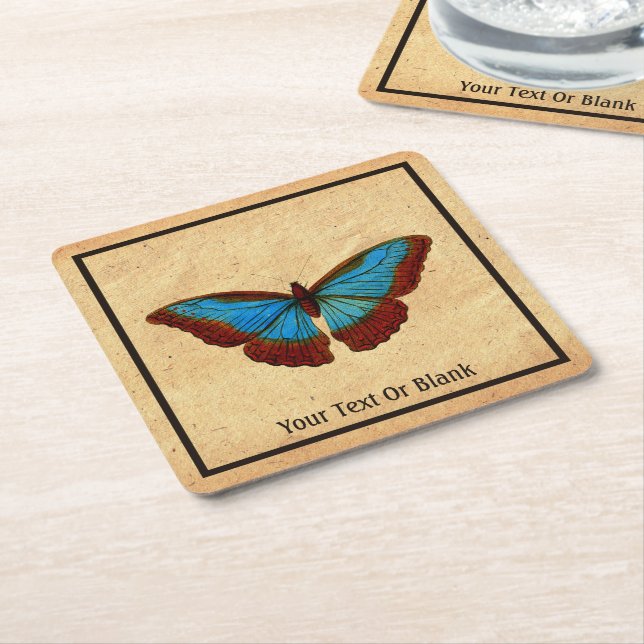 Vintage Butterfly Illustration Square Paper Coaster (Angled)