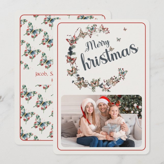 Vintage Butterfly Merry Christmas Family Photo Holiday Card (Front/Back)