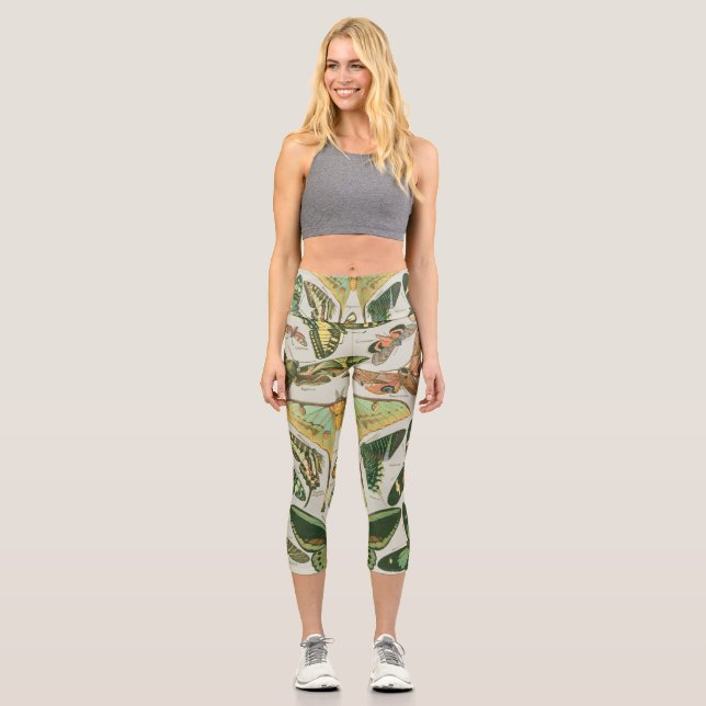 Vintage Butterfly Moth Pattern Print Capri Leggings (Front)