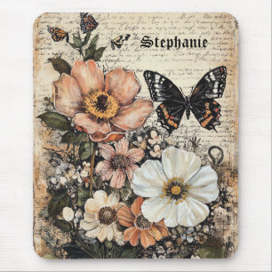 Vintage Butterfly Peony Botanical Mouse Pad