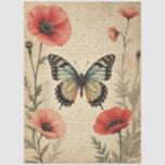 Vintage Butterfly Poppy Floral Furniture Decoupage Tissue Paper<br><div class="desc">A softly aged botanical composition featuring a detailed butterfly surrounded by blooming poppies and delicate foliage. The layered script background and painterly textures create a warm vintage feel with balanced symmetry and natural charm. Designed with a central focal point and gentle spacing, this artwork brings a refined botanical aesthetic suited...</div>