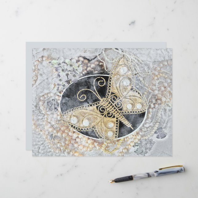 Vintage Butterfly Romantic Gold White Black Art (Front/Back In Situ)