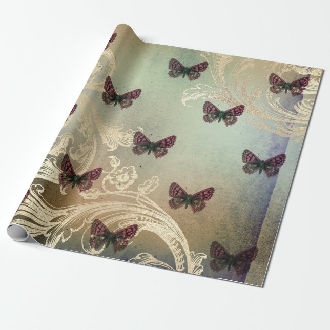 Vintage Butterfly Scroll Decoupage Wrapping Paper (Unrolled)