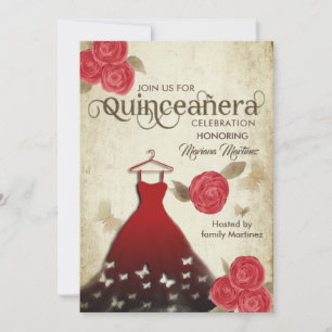 Vintage butterfly watercolor red roses Quince Inv Invitation