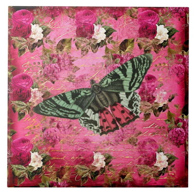Vintage Butterfly with Red White Roses Handwriting Tile (Front)