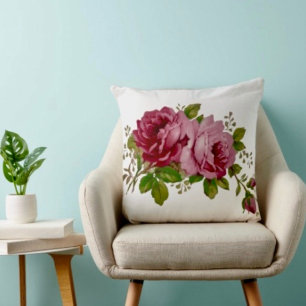 Vintage Cabbage Rose Elegance Throw Pillow