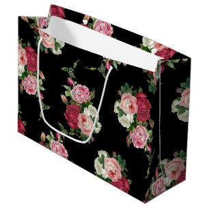 Vintage Cabbage Roses-Black Background Large Gift Bag