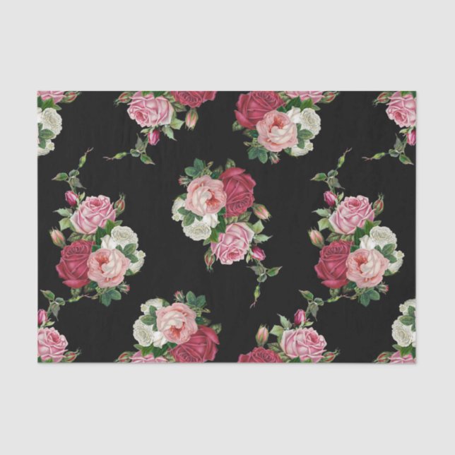 Vintage Cabbage Roses-Black Background Tissue Paper (Front)