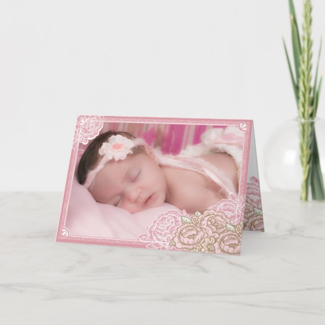 Vintage Cabbage Roses Photo Thank You Card (Front)