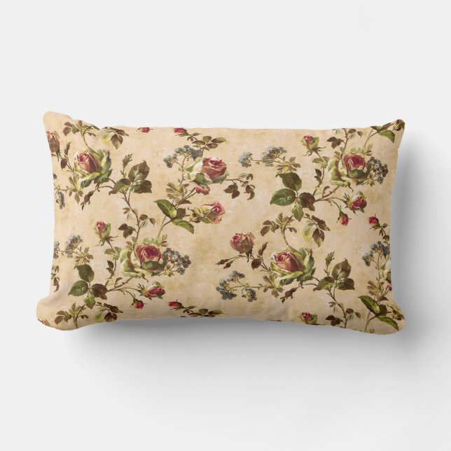 Vintage Cabbage Roses with Blue Flowers Lumbar Cushion (Front)