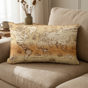 Vintage Cacao World Map for Chocolate Spaces Lumbar Cushion