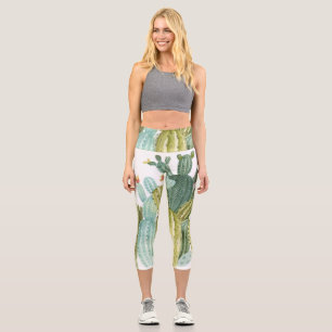 Vintage Cacti Blooming Watercolor Pattern Capri Leggings