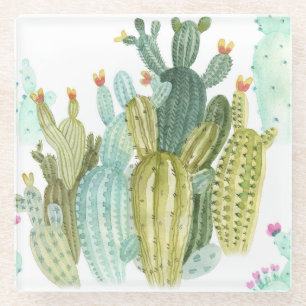 Vintage Cacti Blooming Watercolor Pattern Glass Coaster