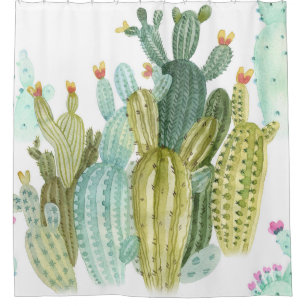 Vintage Cacti Blooming Watercolor Pattern Shower Curtain