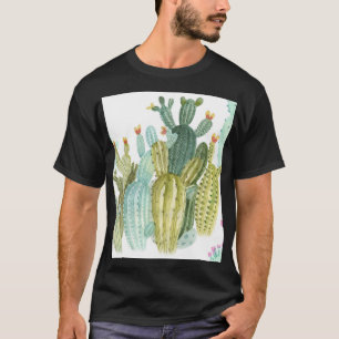 Vintage Cacti Blooming Watercolor Pattern T-Shirt
