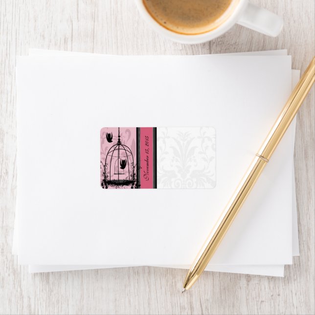 Vintage Cage Pink Bird & Black Damask Dots Label (Insitu)