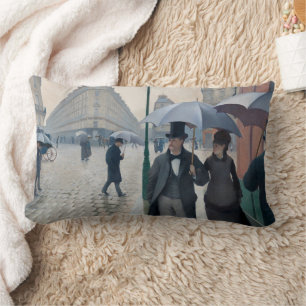 Vintage Caillebotte Paris Street Rainy Day Art Lumbar Cushion