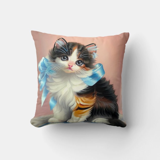 Vintage Calico Kitten Illustration Cushion (Front)