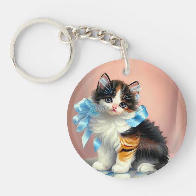 Vintage Calico Kitten Illustration Key Ring (Front)