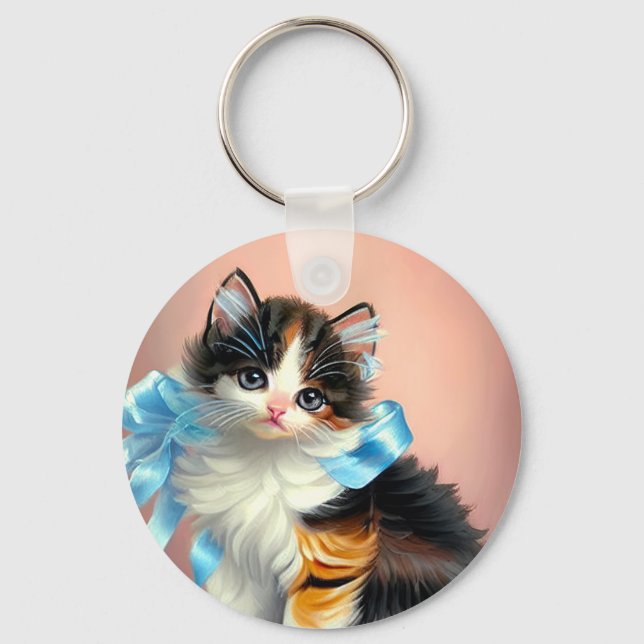 Vintage Calico Kitten Illustration Key Ring (Front)