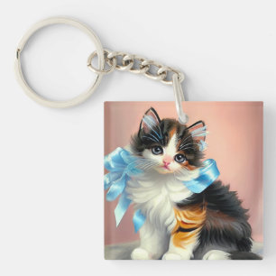 Vintage Calico Kitten Illustration Key Ring