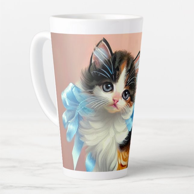 Vintage Calico Kitten Illustration Latte Mug (Left Angle)