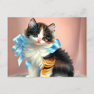 Vintage Calico Kitten Illustration Postcard