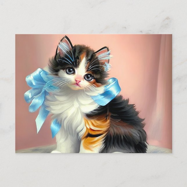 Vintage Calico Kitten Illustration Postcard (Front)